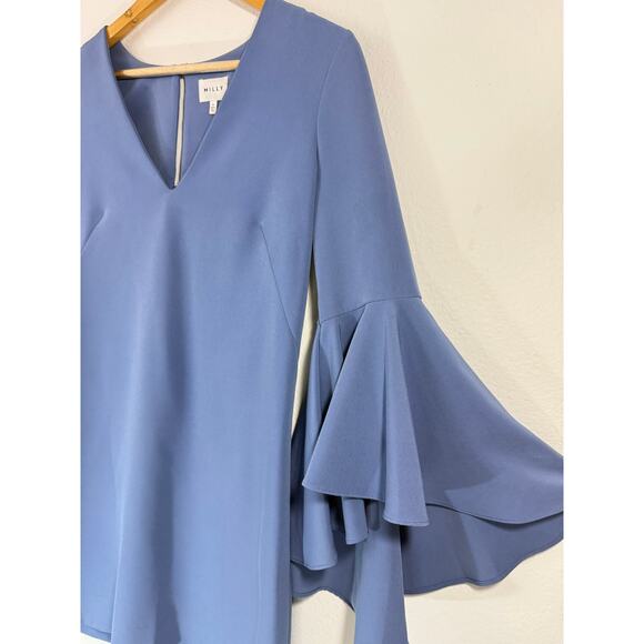 Milly Nicole Dress Blue Italian Crepe Bell Sleeve Shift V-Neck Sz 4 - Picture 8 of 12